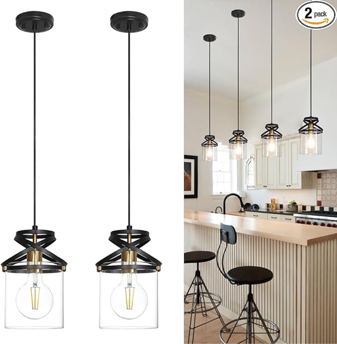 Pendant Light for Kitchen Island, Modern Glass Pendant Lighting Over Island, Hanging Light Fixtures Set of 2, Black Pendant Lamp for Dining Room, Bathroom, Hallway, Sink (2 Pack) Visit the DSMJFU DSMJFU Store