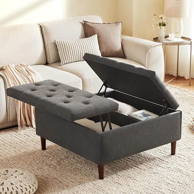 35 Inch Extra Large Storage Ottoman Coffee Table with Lift Top, Oversized Square Ottoman with Storage, Tufted Upholstered Ottoman Coffee Tables for Living Room (Fabric, Dark Grey) Visit the Weture Store