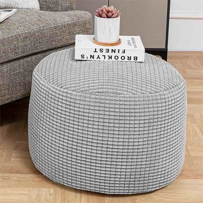 Pouf Ottoman Stuffed with PP Cotton Pouf Filler, Velvet Floor Pouf,Round Ottoman Foot Stool Cushion Storage Ottoman, 20 * 12 Inches Foot Rest for Living Room, Home Decor (Light Gray)