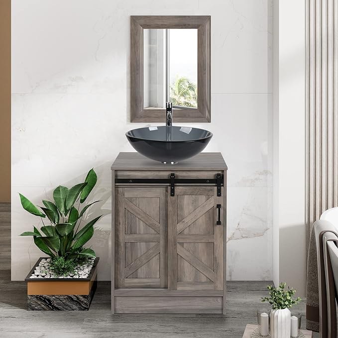 Vanity, 24 inch Barn Door Modern Wood Fixture Stand Bathroom Cabinet with Bathroom Grey Glass Vessel Sink Top