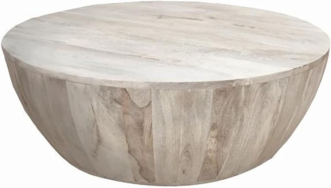 Vintage Vogue 36 Inch Round Mango Wood Coffee Table, Subtle Grains, Distressed White Brand: Maykoosh
