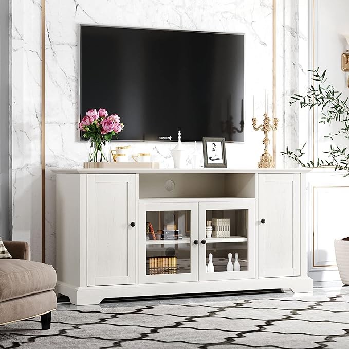 Modern TV Stand Television Console Table Storage Cabinet with Media Compartments, Glass Doors, Enclosed Shelves and Cable Holes, Entertainment Center for Living Room Bedroom (White) Brand: Knocbel