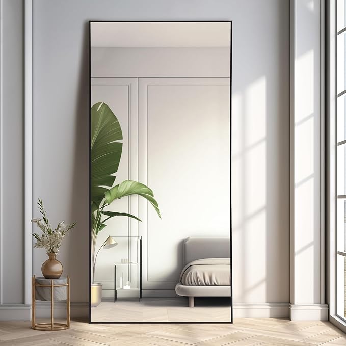 MELOMOIR Mirror Full Length,  Floor Mirror Full Length for Bedroom Living Room Cloakroom Gym, Hanging Standing or Leaning Full Body Mirror with Stand, Black Aluminum Alloy Frame