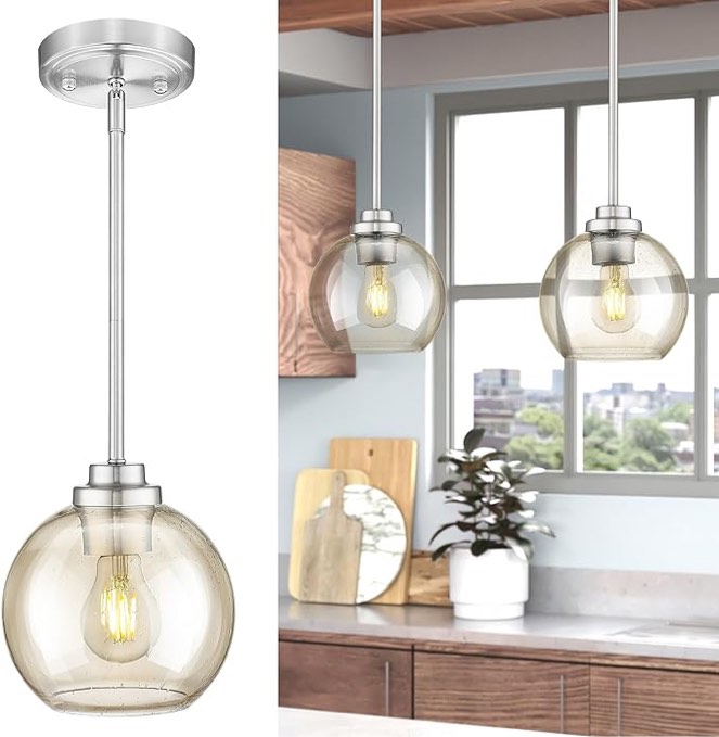 Amber Glass Hanging Light Fixture Ceiling, Modern Globe Pendant Light with Brushed Nickel Finish for Kitchen Island Dining Room Bedroom Hallway Foyer (1 Pack), PL104BN