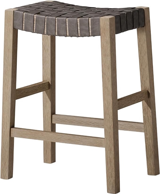 26 Inch Tall Counter Height Backless Saddle Barstool in Weathered Grey Wood Finish with Ronan Stone Vegan Leather Seat