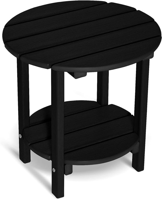 2 -Tier Outdoor Side Table HDPE Adirondack Table Patio Side Table with Wood-Like Grain Weather Resistant End Table Small Outdoor Table(Black, Round (incomplete)