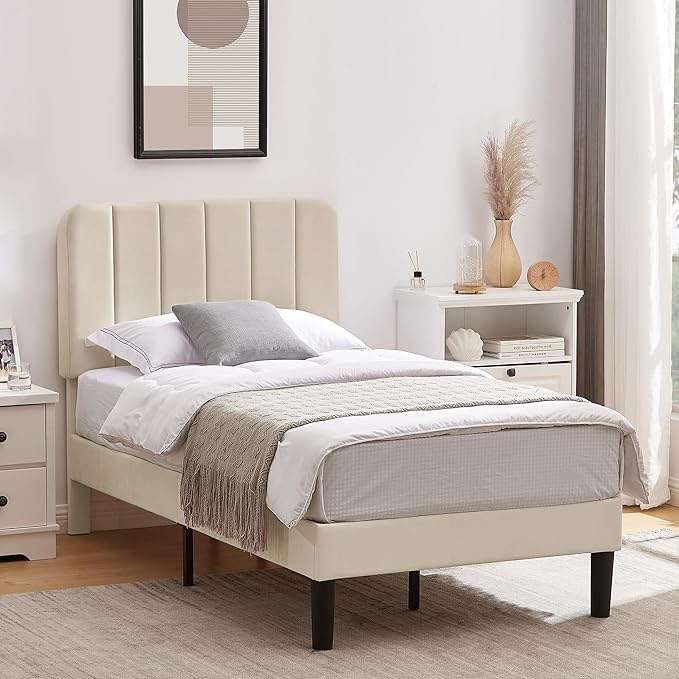 VECELO Twin Size Upholstered Bed Frame with Adjustable Headboard, Velvet Platform Bedframe Mattress Foundation, Strong Wood Slat Support, No Box Spring Needed, Beige Visit the VECELO Store