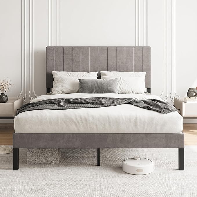 Full Size Upholstered Bed Frame with Tufted Headboard and Metal Slats Support, Heavy Duty Platform Bed Frame Solid and Stable, Mattress Foundation/No Box Spring Needed/Easy Assembly (Grey)