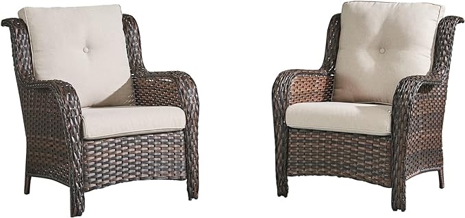HUMMUH Patio Chairs Wicker Patio Dining Chairs Set of 2 PE Rattan Deep Seating Outdoor Chairs with 4 inch Seat Cushions(Brown/Beig
