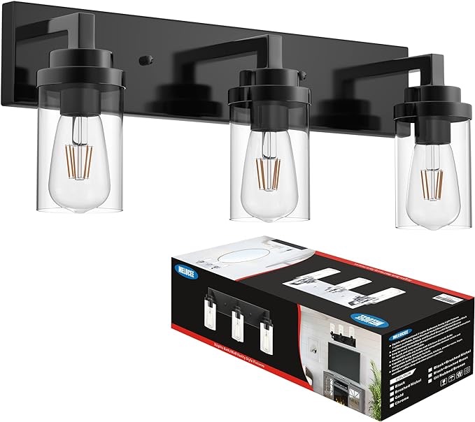 Bathroom Lighting Fixtures Over Mirror, 3-Light Modern Vanity Lights Black Finish Industrial Wall Sconce with Clear Glass Shade