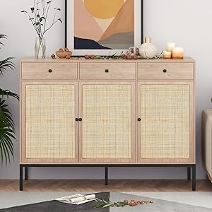 XIAO WEI Sideboard Cabinet Buffet Cabinet with Handmade Natural Decorated Doors and 3 Drawers Rattan Cabinet, Accent Cabinet, Console Table with Metal Legs for Living Room, Hallway, Entryway Visit the XIAO WEI Store