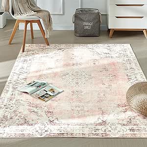 Vintage Washable Area Rug 4x6 Light Pink/Multi Low-Pile Indoor Floral Print Carpet Non Slip Printed Persian Boho Rug for Living Room Brand: BRICHOEE