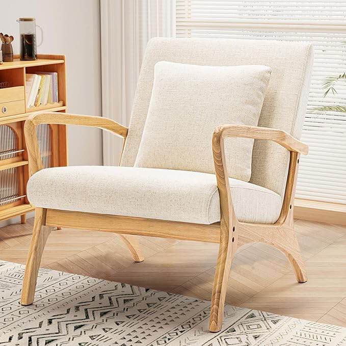 Accent Chair, Mid Century Modern Chair with Lumbar Pillow Upholstered Chairs Linen Fabric Solid Wood Frame Armchair for Living Room,Bedroom, Reading,Balcony, 1PC, Cream Visit the SELLERWE Store
