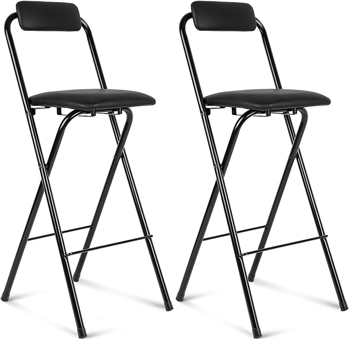 Folding Bar Stool with Backrest, Leather Padded Counter Height Foldable Stool, Portable Folding Stool Tall Bar Stools for Outdoor Camping Kitchen Shop Cafe, Black (2 Pcs,27.5 Inch)
