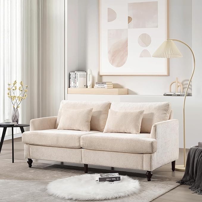 Modern Loveseat Sofa Couch, Upholstered Love Seat with 2 Lumbar Pillows, Comfy 2 Seater Couch with Thick Cushion and Solid Rubber Wood Leg, Small Couch for Living Room, Bedroom, Office, Beige Chenille Brand: KINFFICT