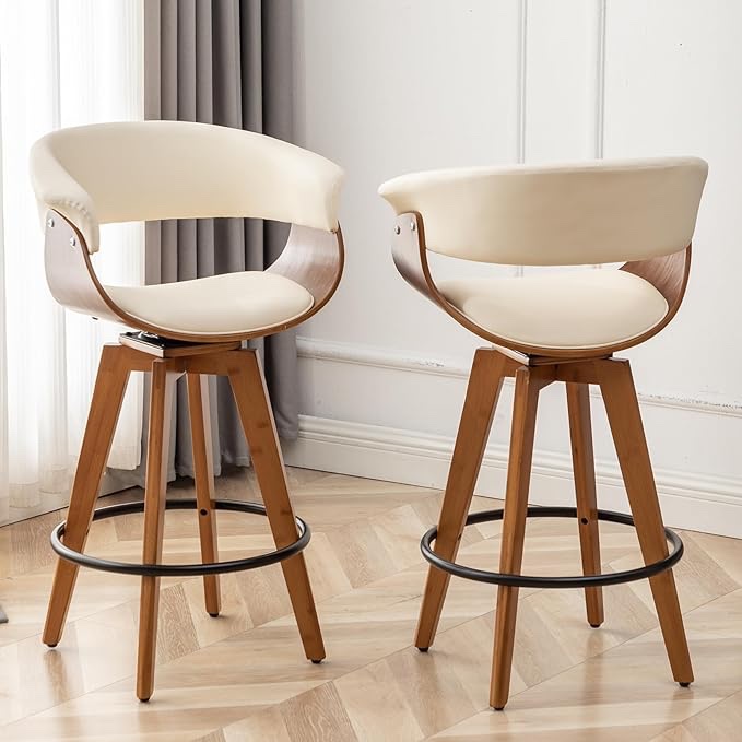 Faux Leather Bar Stools Set of 2,Counter Height Bar Stools,26 Inch Swivel Bar Stools with Hollow Back and Wooden Legs,Modern Bar Stools for Kitchen Island,Kitchen Bar Height Stools,Cream
