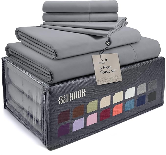 BELADOR Silky Soft Sheet Set - Luxury 6 Piece Bed Sheets for Queen Size Bed, Secure-Fit Deep Pocket Sheets with Elastic, Breathable Hotel Sheets & Pillowcase Set, Wrinkle Free Oeko-Tex Sheets Visit the BELADOR Store 4.5 4.5 out of 5 stars    10,944 ratings