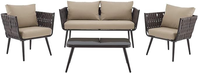 Barton 4 Piece Bistro Sofa Set w/Cushions Coffee Table Outdoor Patio Wicker Rattan Furniture Space Saving