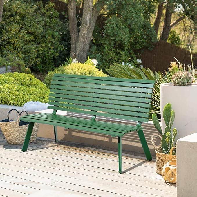 Soleil Jardin Outdoor Aluminum Garden Bench, Patio Porch Chair Furniture, Slatted Design w/Backrest, Green Visit the Soleil Jardin Store