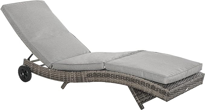 Lounge Pool Chair, Outdoor PE Rattan Cushioned Patio Sun Lounger w/ 5-Level Adjustable Backrest & Wheels for Easy Movement, Mixed Gray