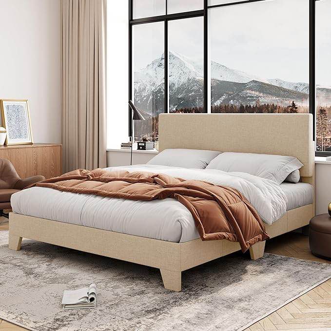 Allewie Full Size Bed Frame with Adjustable Headboard, Upholstered Platform Bed with Wood Slats, Heavy Duty Mattress Foundation, No Box Spring Needed, Noise-Free, Easy Assembly, Beige Visit the Allewie Store