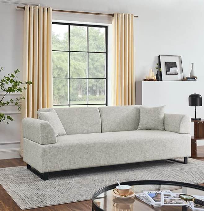 Morden Linen Upholstered 3 Seat Sofa Couch with Two End Tables and 2 Pillows, Free Transformation Removable Back and Armrests for Living Room, 86.25", Beige-395
