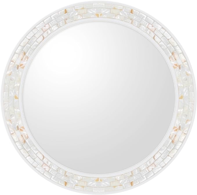 White Round Mirror 30 Inch, Natural Shell Framed Circle Wall Mirror, Mosiac Round Mirrors for Bathroom Bedroom Entrayway or Living Room