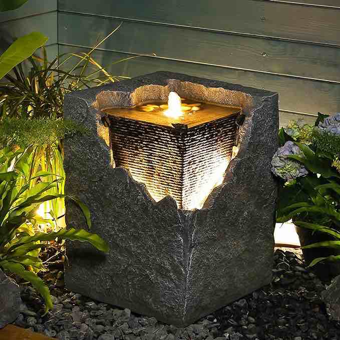 Fountain Outdoor Bubbling Fountain Small Fountains Indoor Waterfall Floor Standing Water Fountains for Garden, Patio, 17.7 Inches Tall with LED Lights, Pump, Natural Stones
