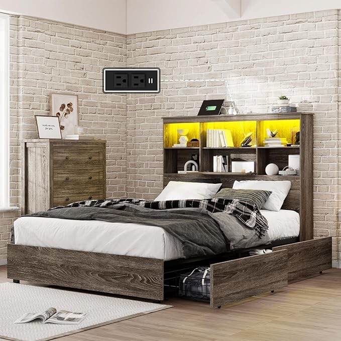 Full Size Bed Frame with LED Bookcase Headboard, Wooden Storage Bed with Charging Station & 4 Drawers, No Box Spring Needed/Noise-Free/Rustic Grey Visit the LUXOAK Store