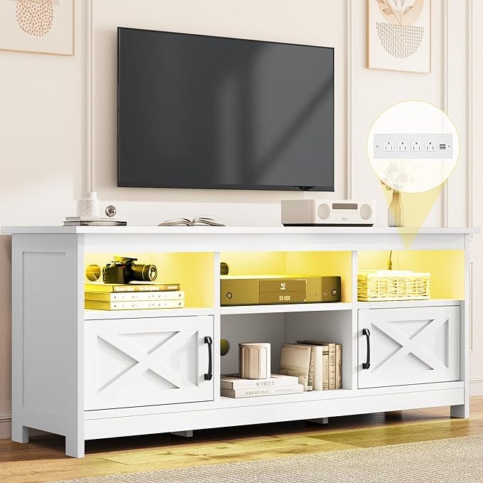 DWVO Farmhouse TV Stand for TVs Up to 65 Inch, Modern Entertainment Centre with Power Outlet, TV Shelf with Storage Cabinet, Television Stands for Living Room, Media Console, 59" White Visit the DWVO Store