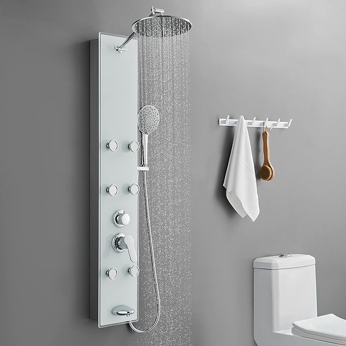 POPFLY Tempered Glass Shower Panel Tower System, 9" Adjustable Shower Arm Height, Stainless Steel Shower Column with 6 Massage Jet and 5-functional Shower Wand, White