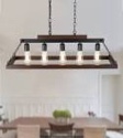 Rustic Kitchen Island/Dining Room Light Fixture Farmhouse Rectangle Wood Linear Chandelier Over Table 5-Light Black Retro Industrial Metal Ceiling Hanging Pendant Lighting Fixtures(95% Assembled.)