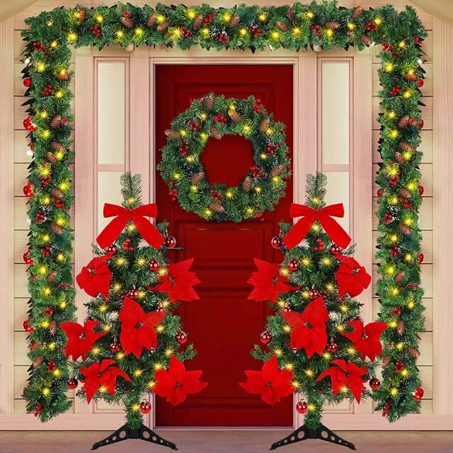 Giegxin 5 Pcs Lighted Pre Lit Artificial Christmas Porch Tree Wreath Garland Set 3ft Xmas Entrance Trees 24in Wreath 13.2ft Garland Xmas Porch Decoration with Cone Red Berries for Door Fireplace Stair