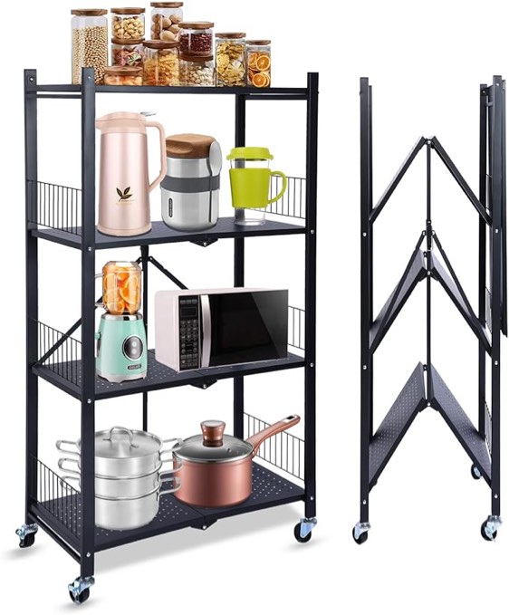 4-Tier Foldable Storage Shelving Kitchen Storage Shelves Wth Wheels Moving Freestanding Metal Storage Shelf for Storeroom Garage Holds up to 1000 lbs Capacity No Assembly Required (Black)