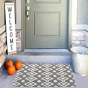 Uphome Indoor Outdoor Doormat 2’x3’ Boho Cotton Area Rug Hand Woven Moroccan Geometric Throw Rugs Machine Washable Farmhouse Rug Carpet for Entryway Porch Living Room Laundry Kitchen,Gray and Cream