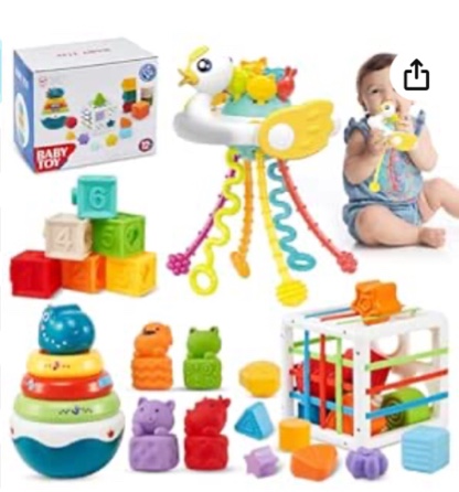 Eners 5 in 1 Montessori Baby Toys, Stacking Toys for Toddlers 1-3, Stacking Blocks Rings Pull String Toys, Sensory Baby Toys 6 9 12 18 Months