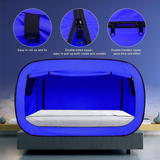 Pop Up Privacy Tent for Indoor Use Bed Canopy for Sleeping Bed Tent Double Door with Mosquito Mesh Window-Twin/Blue