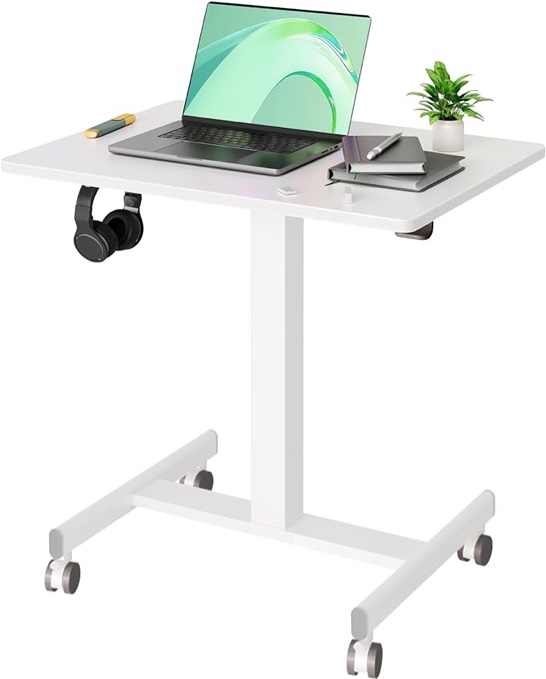 Claiks Mobile Standing Desk, Small Rolling Standing Desk, Mobile Desk Workstation with Wheels, Pneumatic Mobile Laptop Desk for Home Office with Hook, White