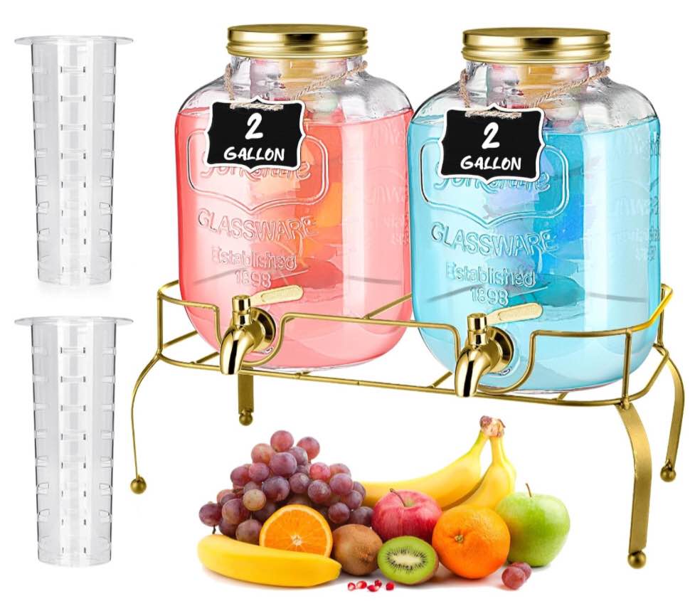Lallisa 2 Pcs 2 Gallon Glass Drink Dispenser with Stand Ice Cylinder Hanging Chalkboard Signs 18/8 Stainless Steel Spigot Beverage Dispensers for Parties Mason Jar Drink Lemonade (Gold)
