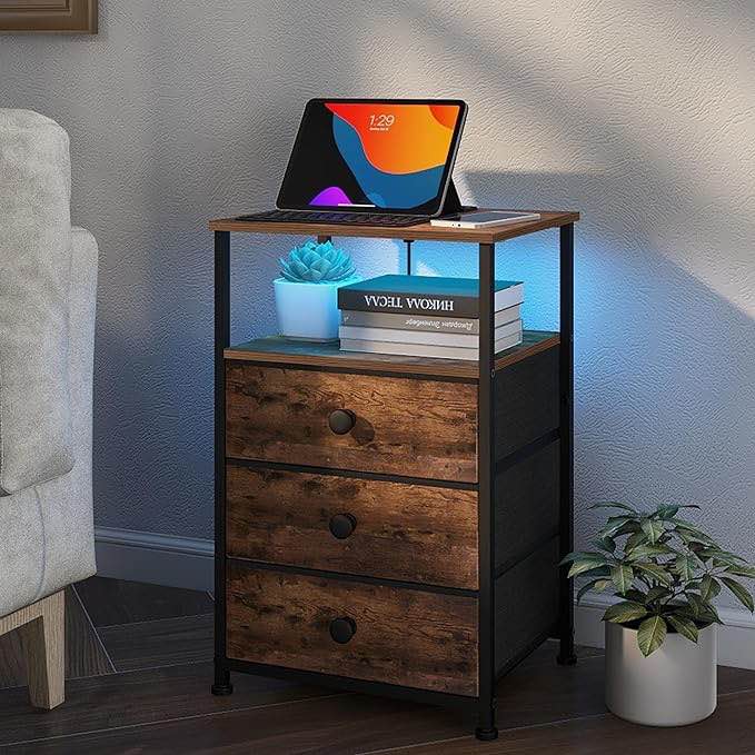 Tohomeor Nightstand with Charging Station USB Outlet and LED Light End Table Dresser with 3 Fabric Drawers and Storage Shelf for Bedroom Living Room Sofa Beside (1, Multi)