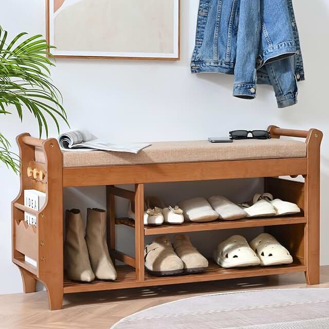 2 Tier Shoe Bench, Shoe Rack with Hidden Drawer and Side Holder, Shoe Storage Bench Organizer for Entryway Hallway Living Room, Bamboo Material