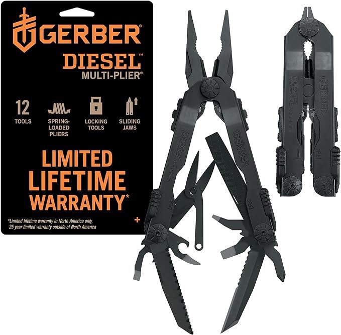 Gerber Gear Diesel Multi-Plier Needle Nose Pliers Set Multi-Tool - 12-in-1 EDC Gear Multi-Tool Knife - Survival Gear and Equipment - Black