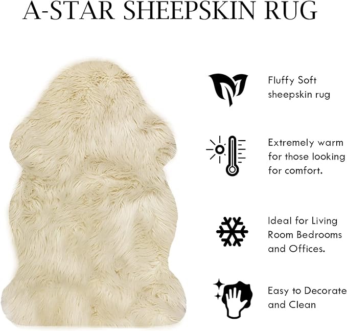 Sheepskin Natural Fluffy Real Sheep Skin Fur Rug 2 x 3 White Single Pelt Nursery Bedroom Area Rug (24Inch x 36Inch, 60.96cm x 91.44cm) 2 x 3 Ivory White