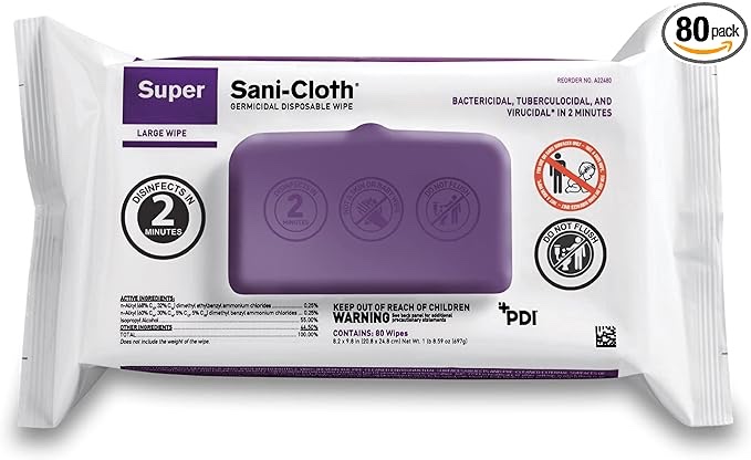 Nice-Pak A22480 Super Sani-cloth Germicidal Disposable Wipes, Large, 8.2 X 9.8, Unscented, White, 4 pack 