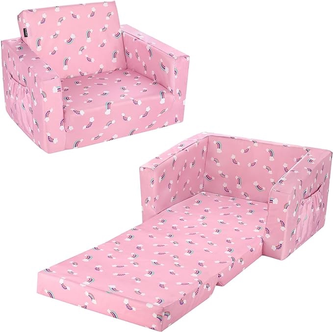 MallBest Kids Sofas Toddler Couch Bed Baby's Upholstered Chair Sleepover Couch Flipout Open Recliner(Pink/Rainbow)…