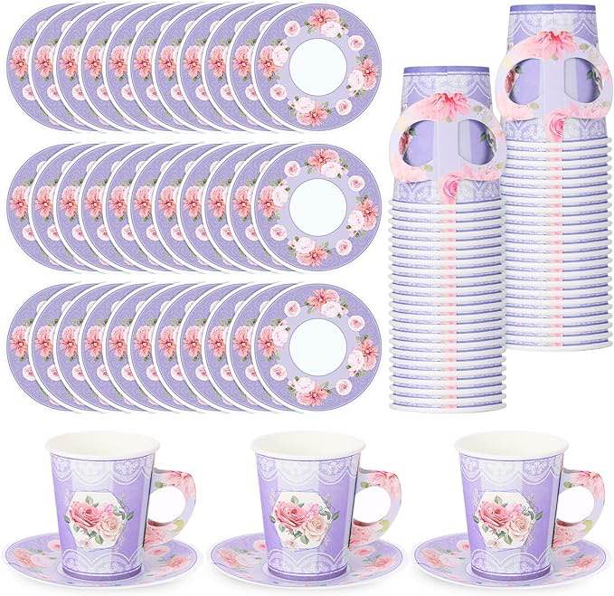 (Incomplete)100 Pcs Tea Party Decorations Includes 50 Disposable Blossom Party Paper Tea Cups and 50 Plates, Floral Paper Tea Cups and Saucers for Hot Cold Drink Wedding Birthday Baby Bridal Shower (Light Purple)