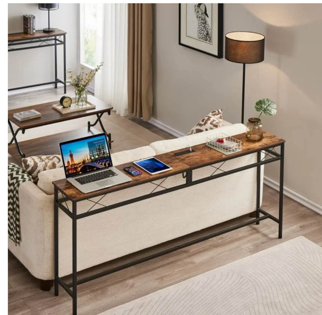 VECELO Console Table with Power Outlet & USB Port, 39.4" Narrow Sofa Table with Charging Station, Industrial Entryway Table for Living Room, Hallway, Foyer, Bedroom, Brown