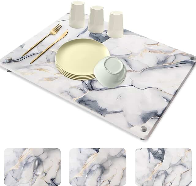Stone Drying Mat for Kitchen Counter, 15.7X19.6 in Super Absorbent Marble Dish Drying Pad, Non-Slip Diatomite Dish Drying Mat, Diatomaceous Earth Drying Stone Dish Drying Mat, Kitchen Draining Mat