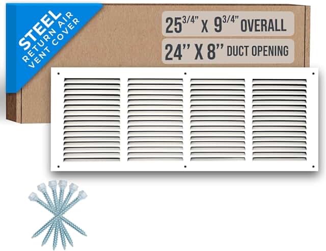 24"W x 8"H [Duct Opening Measurements] Steel Return Air Grille | Vent Cover Grill for Sidewall and Ceiling, White | Outer Dimensions: 25.75"W X 9.75"H for 24x8 Duct Opening