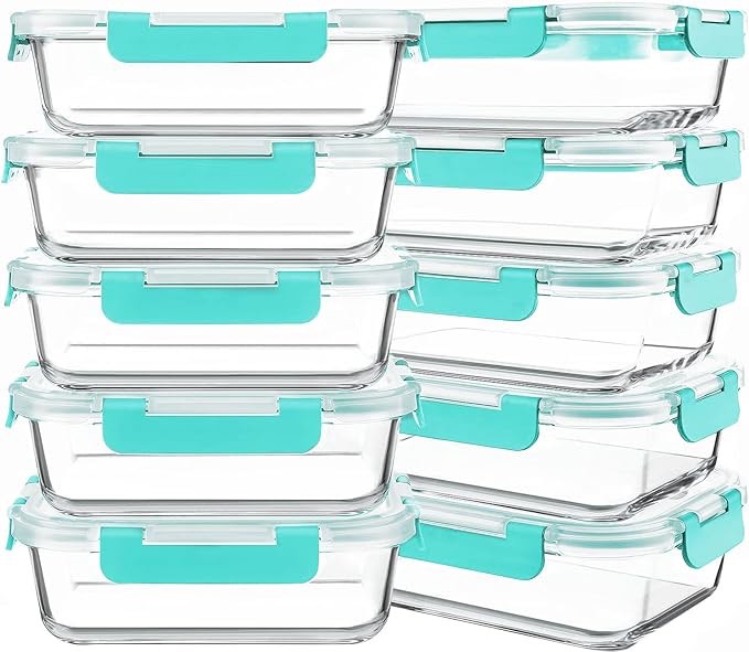 KOMUEE 10 Packs 30 oz Glass Meal Prep Containers,Glass Food Storage Containers with Lids,Airtight Glass Lunch Bento Boxes,BPA Free,Microwave, Oven, Freezer and Dishwasher,Green
